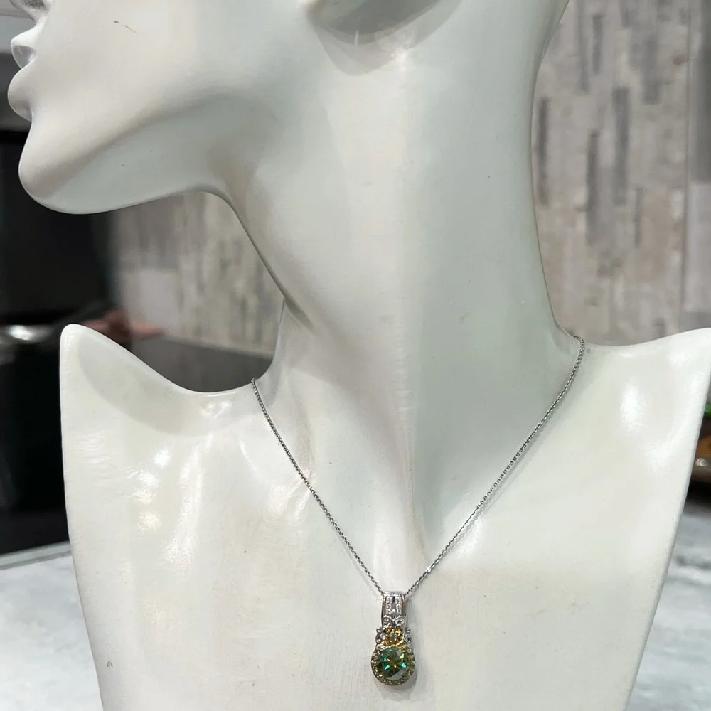 Green and White Moissanite Green Sapphire Sterling Silver Pendant 20” Necklace - Picture 7 of 11